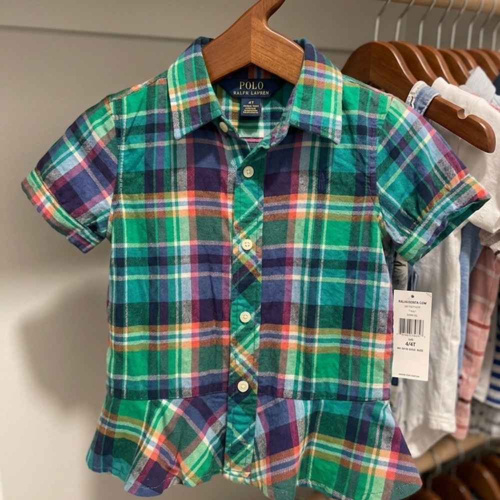 NWT Ralph Lauren Polo Girls Peplum Plaid Button Down Shirt 4T